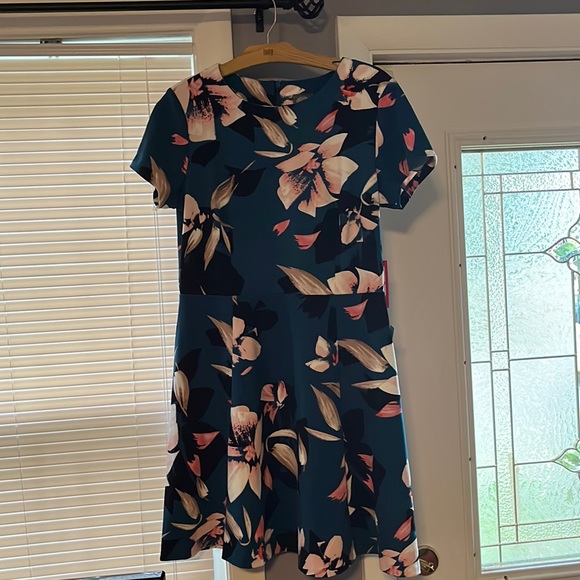 Vince Camuto Dresses & Skirts - Vince Camuto Teal Blue with white, black and pink flowers Swing Dress